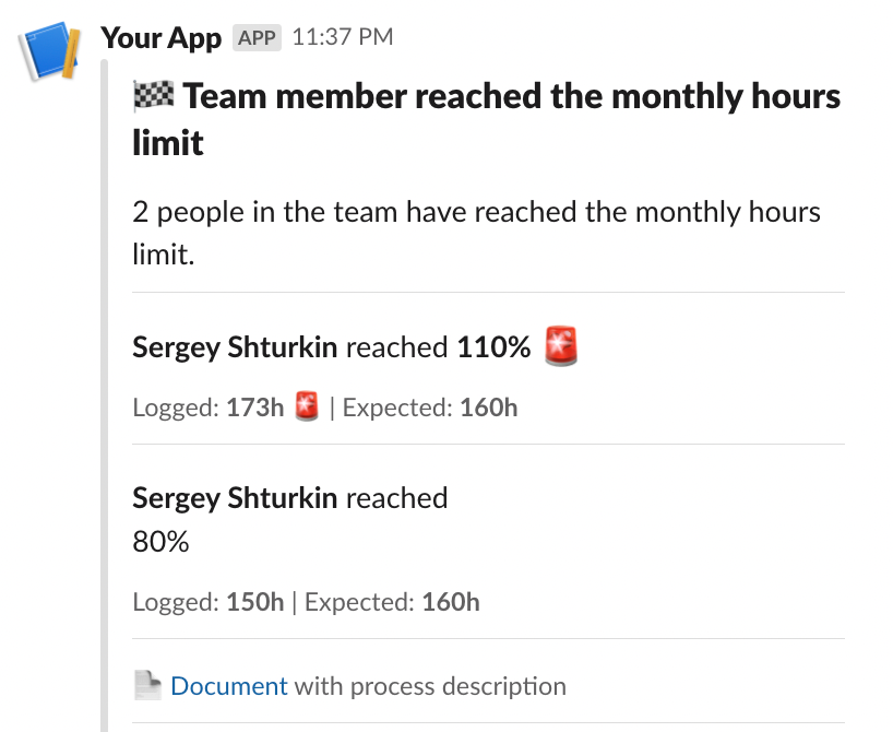 Alert: Notify if a team member has exceeded the monthly workload limit