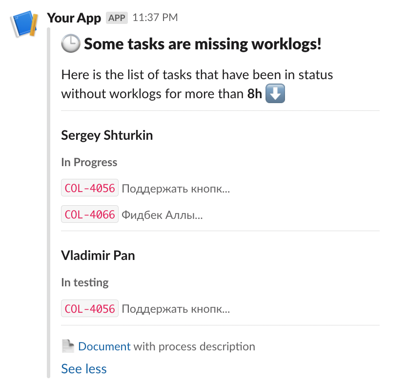 Alert: Report tasks in status with no worklogs
